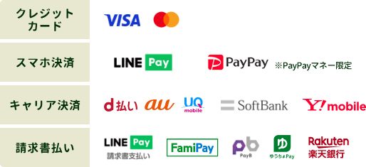 クレジット：VISA/MasterCard/JCB/AMEX/Dinners　スマホ決済：PayPay　キャリア決済：docomo/au/UQmobile/SoftBank/Y!mobile　請求書払い：LINE Pay/FamiPay/PayB/ゆうちょPay